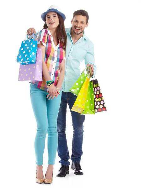 Cuplu Atractiv Tineri Saci Cumpărături Fundal Alb — Fotografie, imagine de stoc