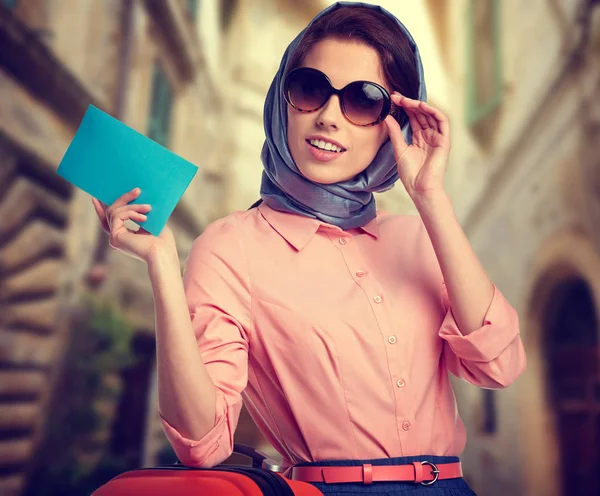 Elegant Woman Suitcase Travel Ticket Street Italian City — Stock Photo, Image