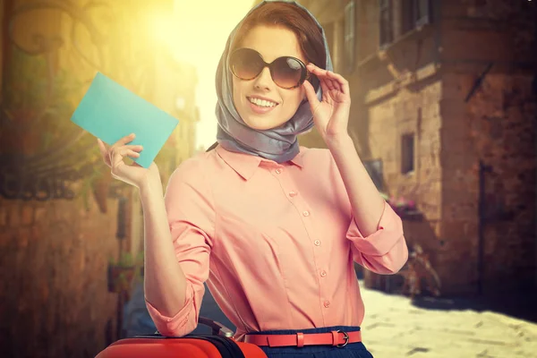 Woman Ticket Suitcase Street Small Italian Town — Stock Photo, Image