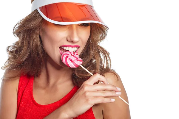 Menina Modelo Moda Beleza Comer Pirulito Colorido Lollypop Surpreendido Jovem — Fotografia de Stock