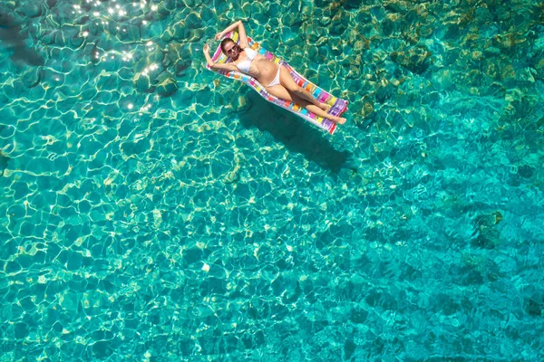 Aerial View Beautiful Young Woman Bikini Matress Sea — Stock Photo, Image