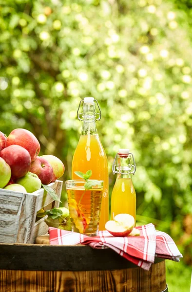 Äpfel Auf Einem Obstgarten Der Auf Einem Fass Steht Apfelsaft — Stockfoto