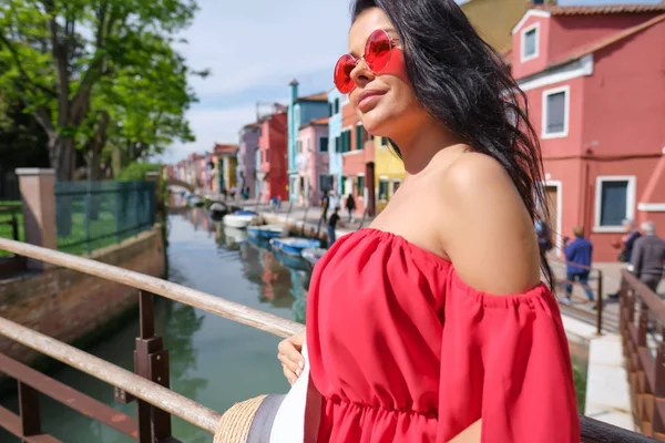 Young Tourist Woman In Old Italian colorful Town — 스톡 사진