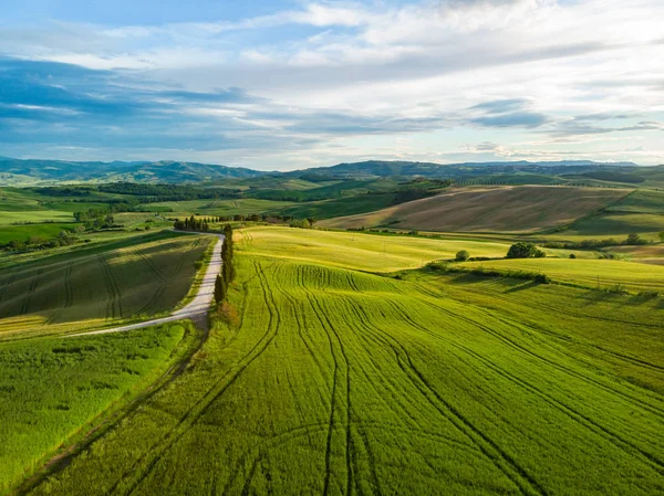 Typisch landschap van de groene Toscane, Italië. Luchtfoto. — Stockfoto