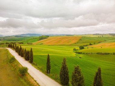 Toskana Val d'Orcia tipik manzara, İtalya. Havadan görünüm.