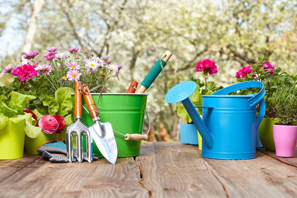 Buiten tuingereedschap op oude houten tafel — Stockfoto