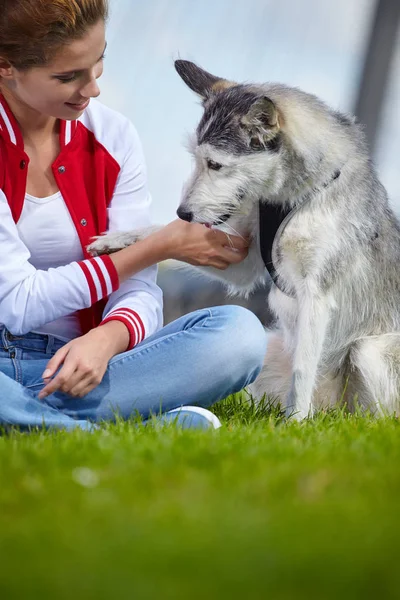 Woman playing with her dog outdoors — Stock Photo, Image