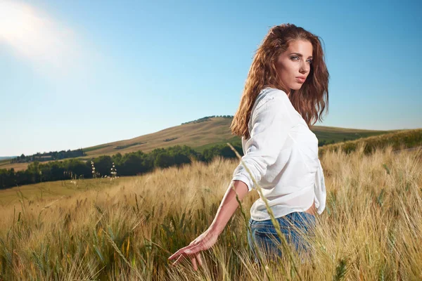 Krásná Bruneta Dáma Pšeničné Pole Při Západu Slunce — Stock fotografie