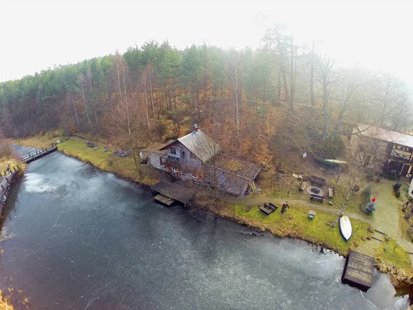 Wooden House Lake Winter Aerial View — Stock Photo, Image