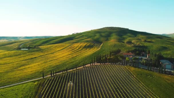 Tuscany Kırsal Dolambaçlı Yol Bahar Sezonu Talya Şaşırtıcı Havadan Görünümü — Stok video