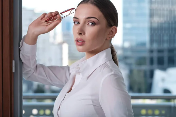 Beautiful business woman on the background of the modern office — Stock Photo, Image