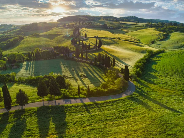 Toskana 'da inanılmaz renkli gün batımı. Resmedilmeye değer tarım ve tipik kıvrımlı yol Tuscany, İtalya, Avrupa 'da selvi, manzara