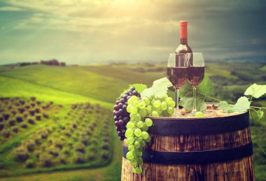 kırmızı şarap şişesi ve şarap kadehi yün fıçıda.