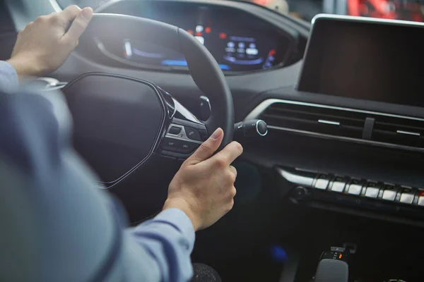 Female Hands Steering Wheel Car — Stock Photo, Image