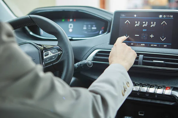 Driver Controls Air Conditioning Modern Electric Car — Stock Photo, Image
