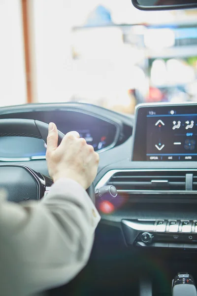 Female Hands Steering Wheel Car — Stock Photo, Image