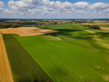Hasat sonrası insansız hava aracı tarafından vurulan saman balyaları. Polonya ülkesinin hava aracı fotoğrafı.