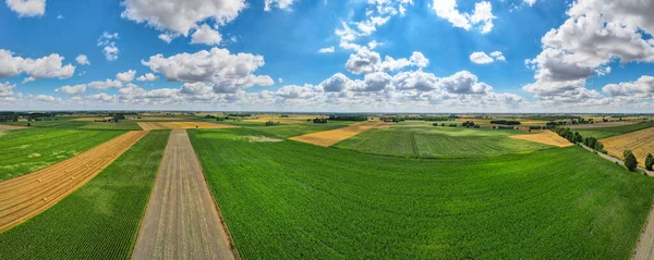 ポーランドの田舎の農地を通過する農村道路の空中パノラマ — ストック写真