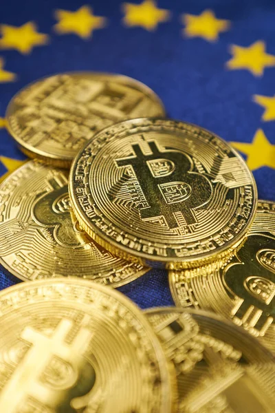 Coins Bitcoin European Flag Concept Virtual Money Close Conceptual Image — Stock Photo, Image