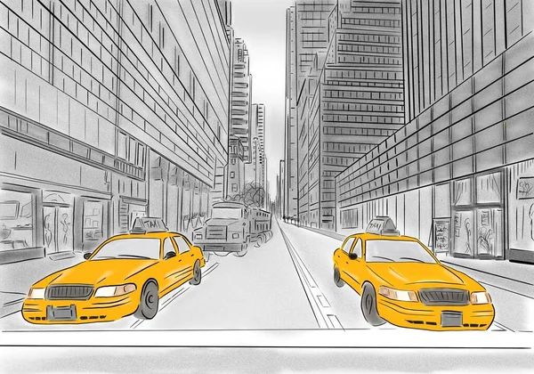 Widok Ulicę Nowy Jork Żółta Taksówka Szkic Ilustracja — Zdjęcie stockowe