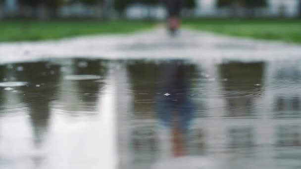 De cerca tiro en diferente velocidad de las piernas de un corredor en zapatillas de deporte. Mujer deportista corriendo al aire libre en un parque, entrando en un charco fangoso . — Vídeo de stock