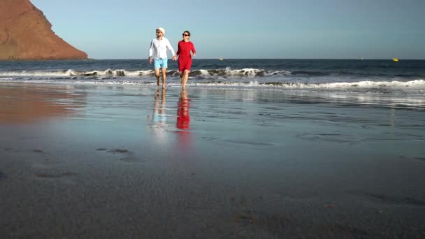 Couple amoureux sans soucis courir de l'eau et agitant leurs mains à quelqu'un sur la plage. Côte océanique pittoresque de Tenerife, Îles Canaries — Video