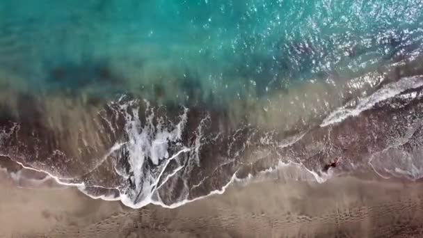 Draufsicht einer Frau in rotem Kleid, die barfuß am nassen Sandstrand entlang läuft — Stockvideo