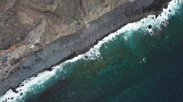 Aerial View Deserted Black Volcanic Beach Coast Island Tenerife Canary — Stock Video