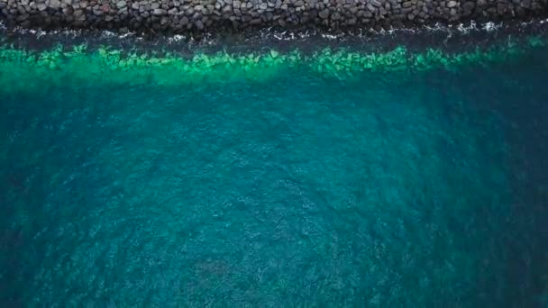 Top view of a deserted black volcanic beach. Coast of the island of Tenerife. Aerial drone footage of sea waves reaching shore — Stock Video