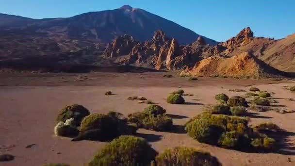 Vista aérea del Parque Nacional del Teide, vuelo sobre las montañas y lava endurecida. Tenerife, Islas Canarias — Vídeos de Stock