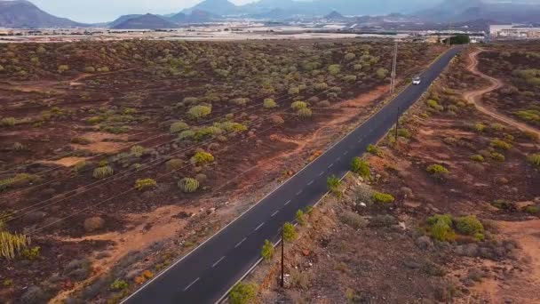 Vue du dessus d'une voiture roule le long d'une route désertique — Video