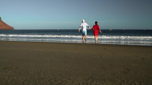 Casal apaixonado despreocupado correndo da água na praia. Litoral oceânico pitoresco de Tenerife, Ilhas Canárias, Espanha. Movimento lento — Vídeo de Stock