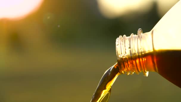 Cola fließt aus einer Plastikflasche vor dem Hintergrund natürlicher Grünflächen — Stockvideo