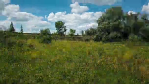 Vlucht over weilanden en een veld met tarwe. Hyperlamps — Stockvideo