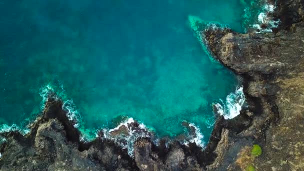 Blick von oben auf eine menschenleere Küste. Felsige Küste der Insel Teneriffa. Drohnenaufnahmen von Meereswellen, die die Küste erreichen — Stockvideo