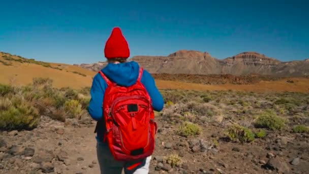 Aktive Wanderin beim Wandern im Teide-Nationalpark. Kaukasische junge Frau mit Rucksack auf Teneriffa, Kanarischen Inseln, Spanien — Stockvideo