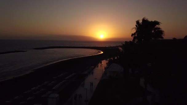 Fliegen entlang der Promenade von los cristianos in der Abenddämmerung, Kanarische Inseln, Teneriffa, Spanien — Stockvideo