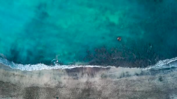 Vista superior de una playa volcánica negra desierta. Costa de la isla de Tenerife. Imágenes aéreas de drones de olas marinas que llegan a la orilla — Vídeo de stock