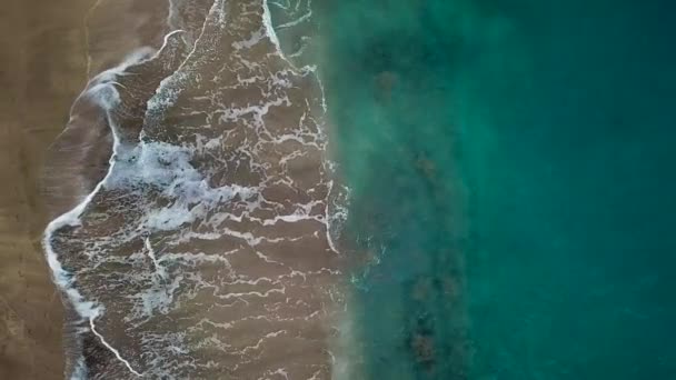 Vue de dessus d'une plage volcanique noire déserte. Côte de l'île de Tenerife. Images aériennes de drones de vagues atteignant le rivage 