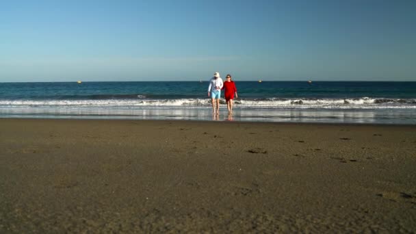 Para zakochanych beztroski, chodzenie z wody na plaży. Malownicze ocean coast Teneryfa, Wyspy Kanaryjskie, Hiszpania — Wideo stockowe