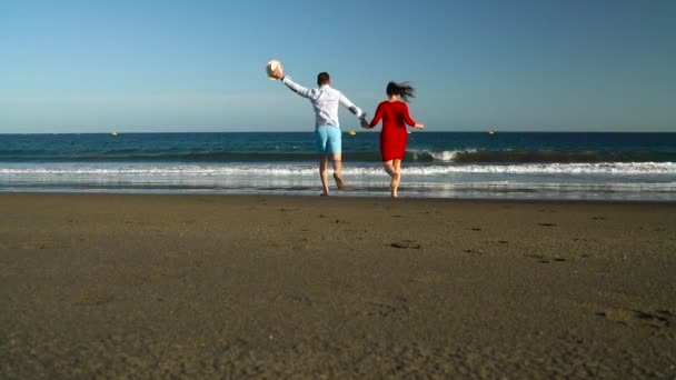 Couple amoureux sans soucis courant à l'eau sur la plage. Côte océanique pittoresque de Tenerife, îles Canaries, Espagne. Mouvement lent — Video