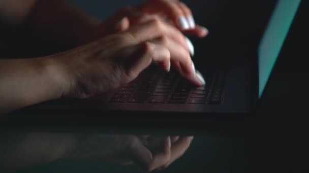 Hands or woman office worker typing on the keyboard at night — Stock Video