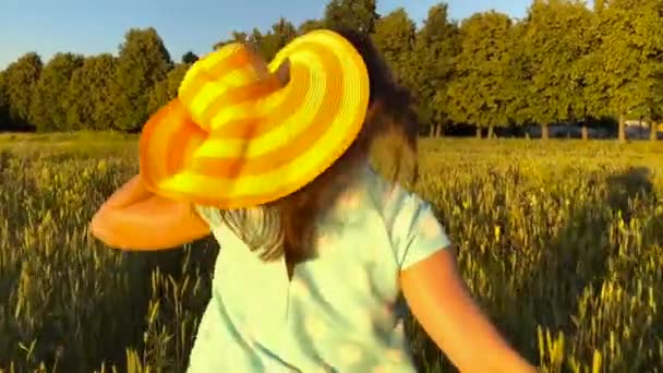 Bellezza ragazza in esecuzione in un cappello giallo sul campo di grano verde sopra cielo tramonto. Il concetto di libertà. Campo di grano al tramonto. Rallentatore — Video Stock