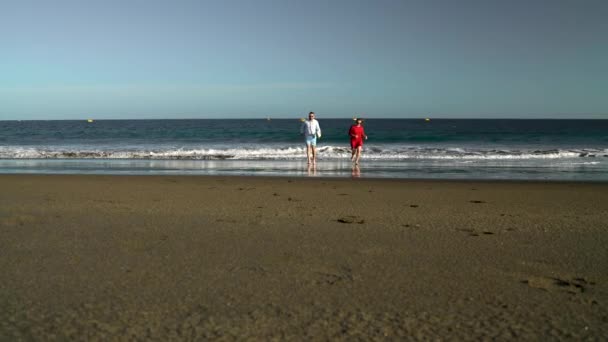 Par i kärlek carefree kör från vattnet på stranden. Pittoreska havet på Teneriffa, kanariska öarna, Spanien — Stockvideo