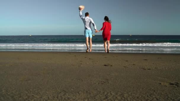 Casal apaixonado despreocupado correndo para a água na praia. Litoral oceânico pitoresco de Tenerife, Ilhas Canárias, Espanha — Vídeo de Stock