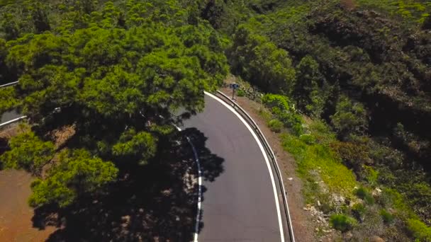 Pohled shora na auto a cyklista jede po horské silnici na Tenerife, Kanárské ostrovy, Španělsko. Cesta do sopky Teide, národní Park Teide — Stock video