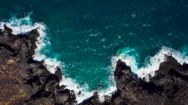 Vista superior de una costa desierta. Orilla rocosa de la isla de Tenerife. Imágenes aéreas de drones de olas marinas que llegan a la orilla — Vídeos de Stock