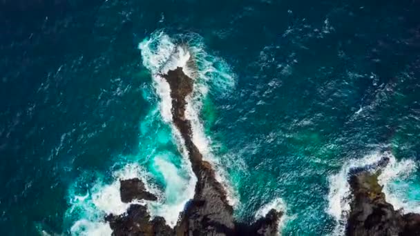 Widok z góry na bezludne wybrzeże. Skaliste wybrzeże wyspy Teneryfa. Nagranie z dronów lotniczych fal morskich docierających do brzegu — Wideo stockowe