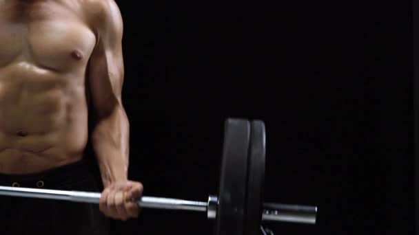 Man Doing Exercises Barbell Training Black Background Studio Muscular Strong — Stock Video