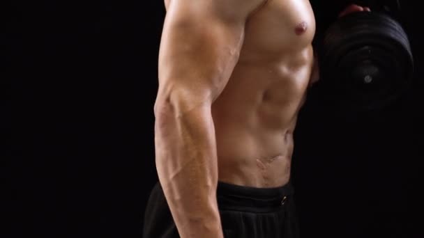 Człowiek wygina ręce z hantlami, szkolenia jego biceps na czarnym tle w studio — Wideo stockowe